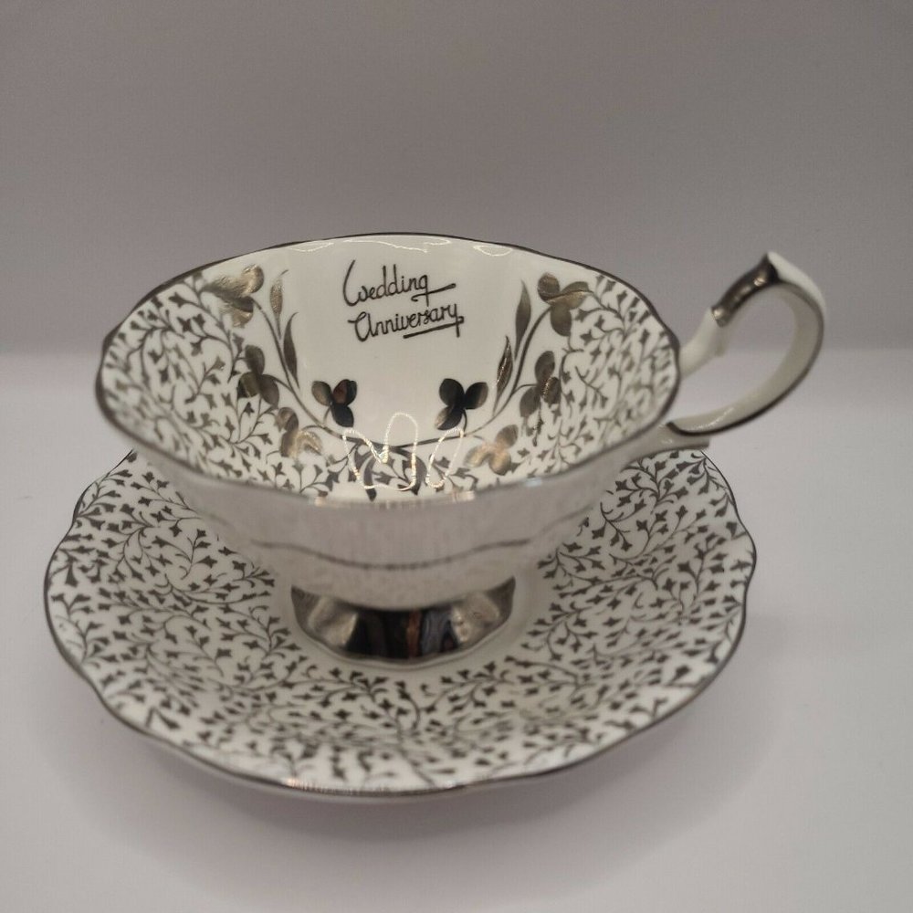 1950's VTG Queen Anne Platinum,Silver Chintz 'Wedding Anniversary' Teacup Set
